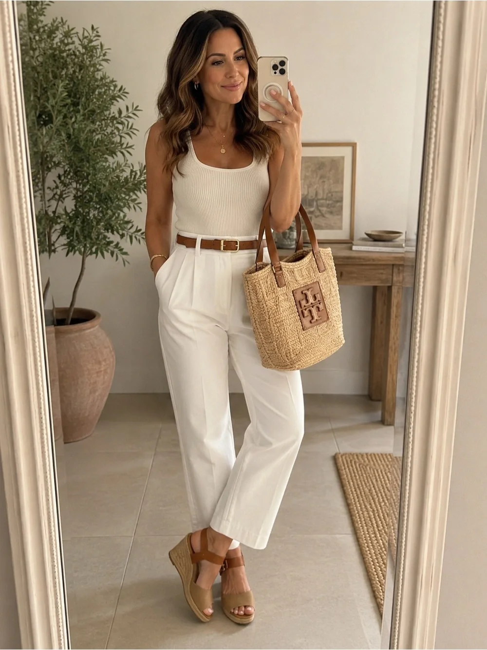 Tory Burch Tan Canvas & Brown Leather Espadrille Wedge Sandals